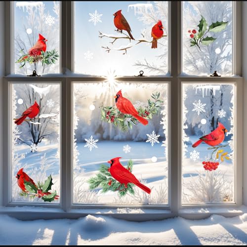 Winter Cardinal Window Clings 150 pcs Holiday Christmas Red Bird Glass Stickers with Branches & Snowflakes - Red