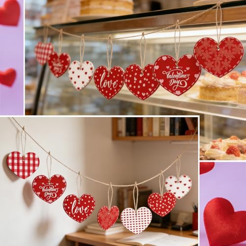 16Pcs Wooden Valentine Heart Ornaments Red White Plaid Hanging Decor