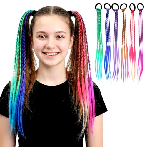 JJUNW 6-Piece Colorful Braided Hair Extensions 17-Inch Rainbow Ponytail