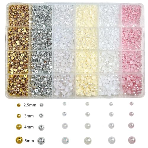 GSHLLO 24 Grid Flatback Pearl Nail Charms and Craft Beads Set