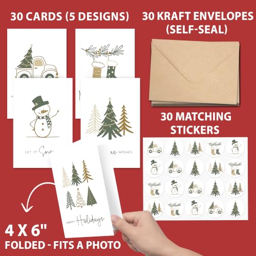 Minimal Christmas Cards with Envelopes and Stickers - 30 Pack