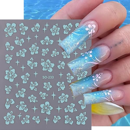 3D Hibiscus Flower Nail Art Stickers - 6 Sheets Self-Adhesive Floral Decals