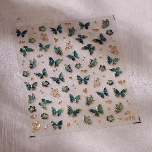 5D Embossed Green Butterfly Spring Nail Stickers Self-Adhesive Decals
