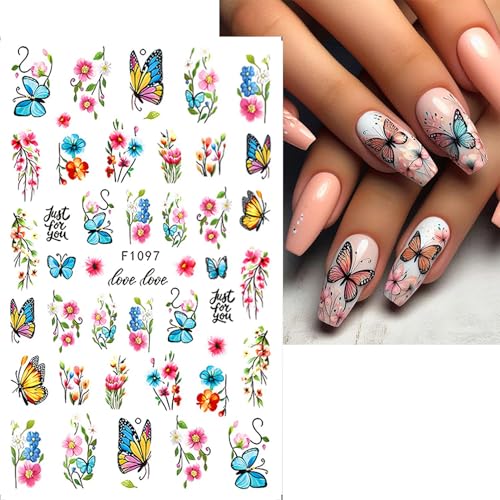 CHANGAR Flower Nail Art Stickers - 8 Sheets Colorful Floral Butterfly Decals