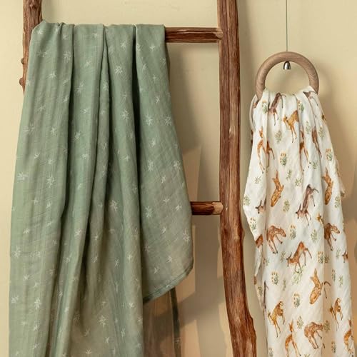 GLLQUEN BABY Muslin Swaddle Blankets - Deerling Print, 2 Pack, 35" x 40"