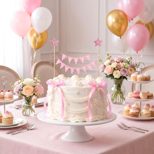 11-Piece Pink Bow Cake Toppers Set with Happy Birthday Flag