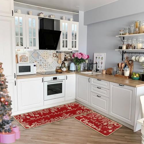 DIYDEC Christmas Kitchen Rugs Set of 2 - Red Holiday Mat Decor
