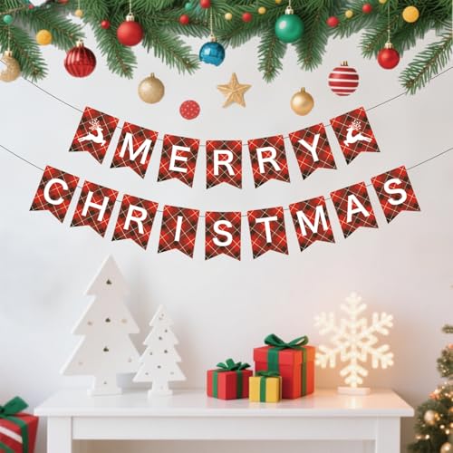 Pre-Strung Merry Christmas Banner - Red & Black Check Decoration
