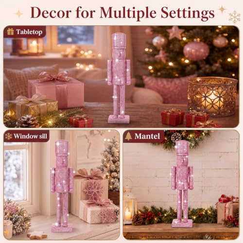 Pink Christmas Nutcracker Figurine - 15 Inch Glitter Soldier Decor