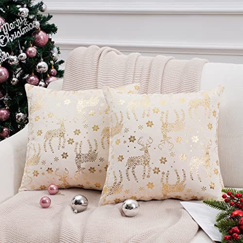 Topfinel Christmas Pillow Covers 16x16 (Set of 2) - Cream Velvet with Snowflakes & Reindeer