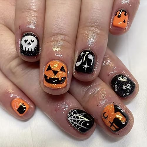 KTAABTR Halloween Press on Nails Short Square Fake Nails with Glue