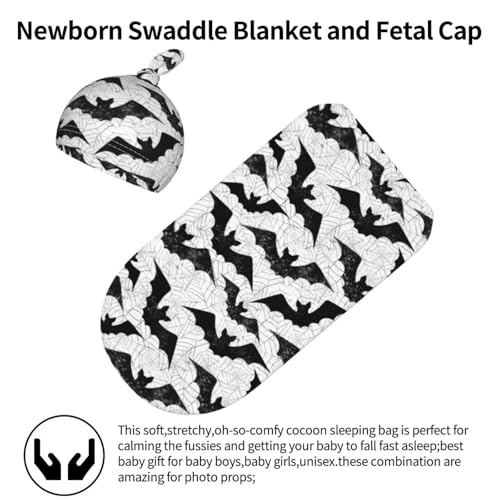 Black Bat Goth Swaddle Blanket Set with Beanie Hat for Newborns