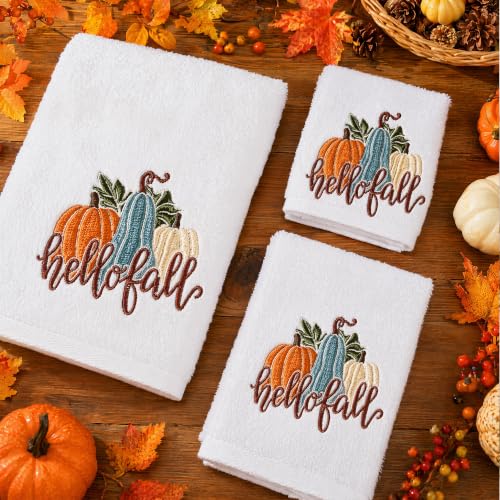 Fall Embroidered Cotton Towels Set - Harvest Pumpkin Decor, Kitchen & Bath Hand & Washcloths