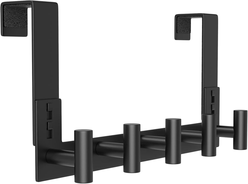 PMMASTO Over The Door Hooks - Coat Rack Organizer & Towel Holder for Bathroom | Black 5 T-Hooks, Fits 1-3/4" Thick Door
