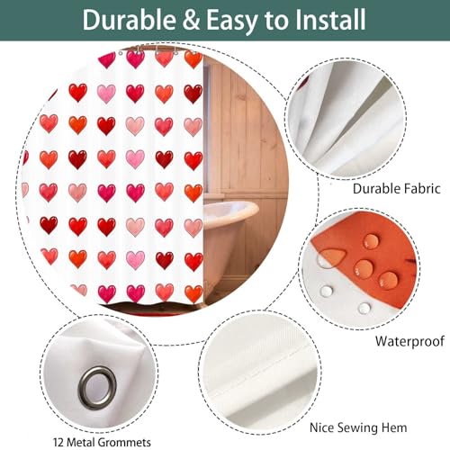 Valentine's Day Heart Shower Curtain - Red Romantic Fabric 72x72 Inch