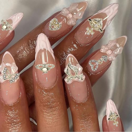 COOSLIM 45PCS Gold Y2k Nail Charms 3D Rhinestone Bow Butterfly Gems