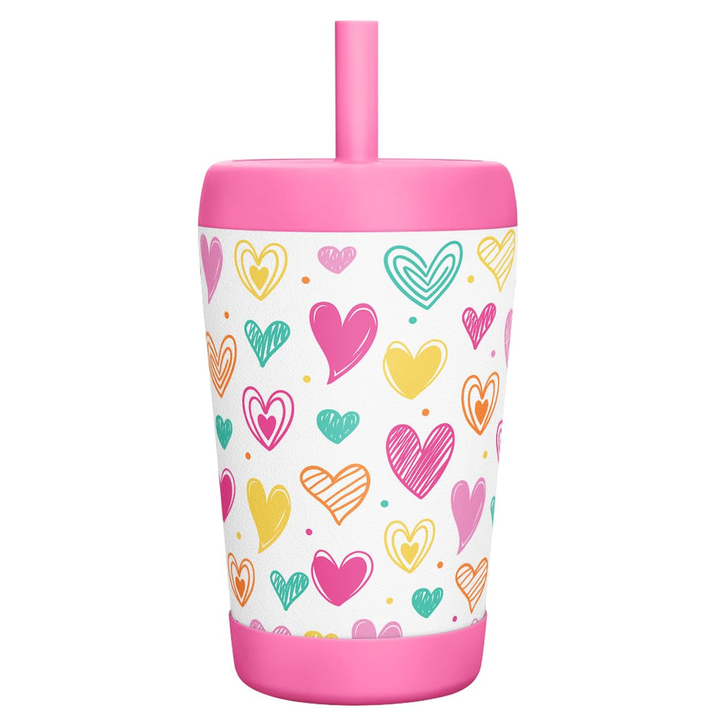 SANDJEST Kid Insulated Stainless Steel Tumbler with Silicone Straw, 12oz Sippy Cup for Kids (Playful Hearts)