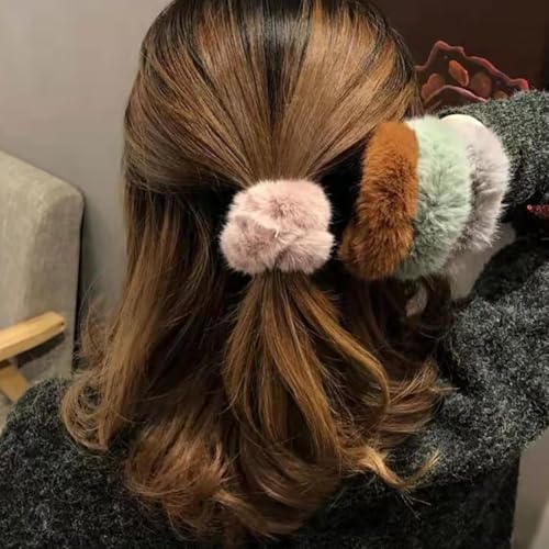 Faux Fur Hair Scrunchies 10 Pcs Fluffy Ponytail Holders White