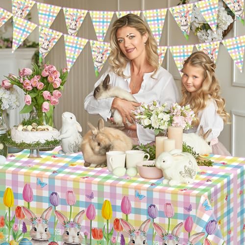 Dvaorc 4-Pack Easter Tablecloth and Bunny Banners Spring Party Decor