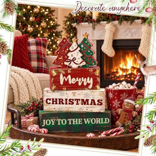 Christmas Wooden Tree Blocks Set - Rustic Indoor Holiday Decor, 4 Pcs, Tree Variation