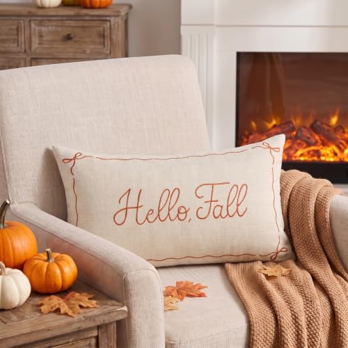 Hello Fall Embroidered Lumbar Pillow Cover 12x20 - Beige Chenille