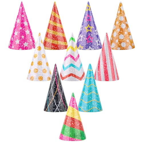 10 Mini Party Hats for Stuffed Animals - Glitter Cone Birthday Hats