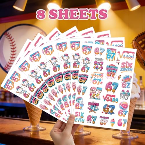 INCOK 67 Ice Cream Drip Temporary Tattoos - 8 Sheets Colorful Baseball Party Favors