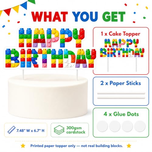 Building Block Happy Birthday Cake Topper - Colorful Brick Party Decor