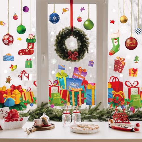 Christmas Window Clings Set - Holiday Snowflakes & Ornaments, 6 Sheets, 11.8 x 11.8 inches