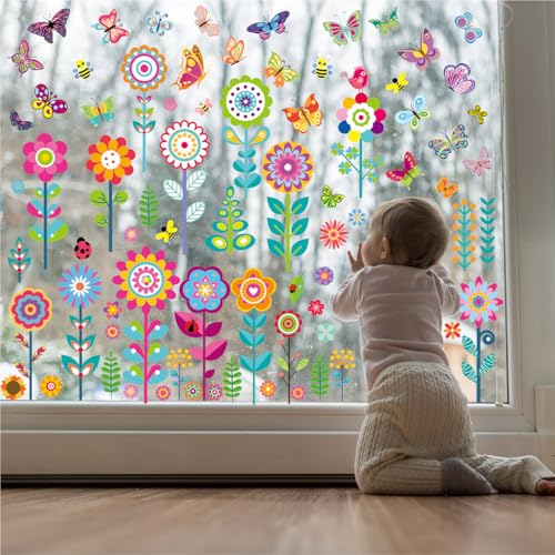 99 Pcs Spring Flower Window Clings - Colorful Decals Set of 9 Sheets