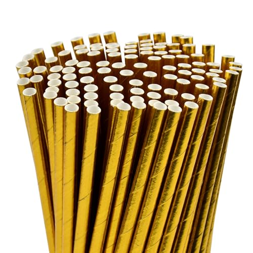 Foil Gold Paper Drinking Straws 7.75 inch, 100 Count, Eco-Friendly, for Cocktails & Parties