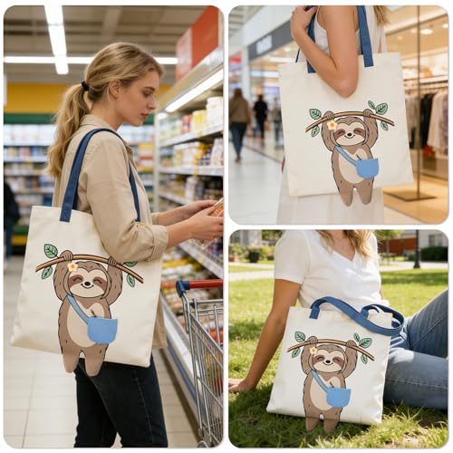 COSHAYSOO Sloth Canvas Tote Bag - Cute Animal Print Reusable Grocery Bag