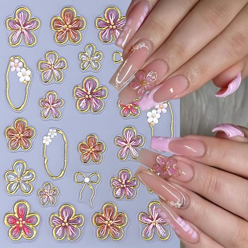 SHUXILIN 3Pcs 5D Embossed Pink Flower Nail Art Stickers Self-Adhesive Bow Decals