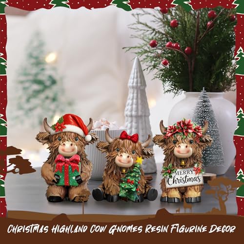 3 Pcs Christmas Highland Cow Figurine Decor - Resin Christmas Decorations, Highland Cow Set - Christmas Variation