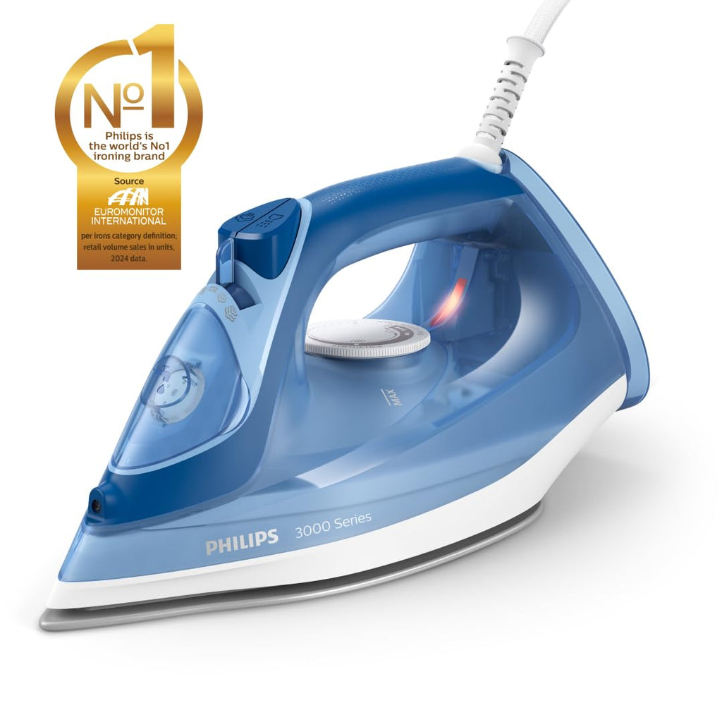 Philips Perfect Care 3000 Series Steam Iron - 1250 W power, 40 g/min continuous steam, 200 g steam boost, 300 ml water tank, blue (DST3031/20)