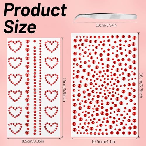 Doneace Red Face Gems and Heart Rhinestone Stickers for Festival Makeup 4Pcs