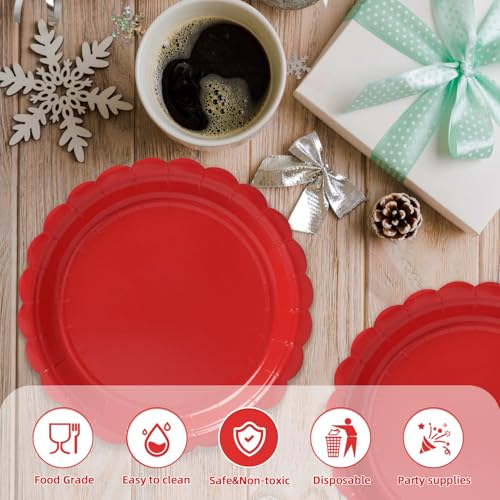 Vyntra 7-Inch Scalloped Paper Dessert Plates, Red, 50-Pack