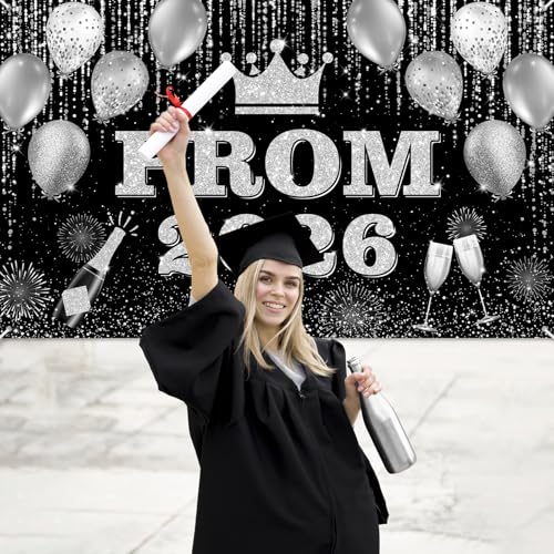 Prom 2026 Backdrop Banner - Black & Gold Graduation Party Decor 6x3.6ft