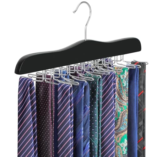 Black Wooden Tie Rack Organizer with 24 Folding Hooks - Space Saving Closet Storage