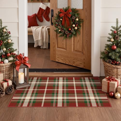 Christmas Entryway Rug - Red Plaid Doormat, Washable Holiday Floor Mat, 2x3 ft Ivy Variation