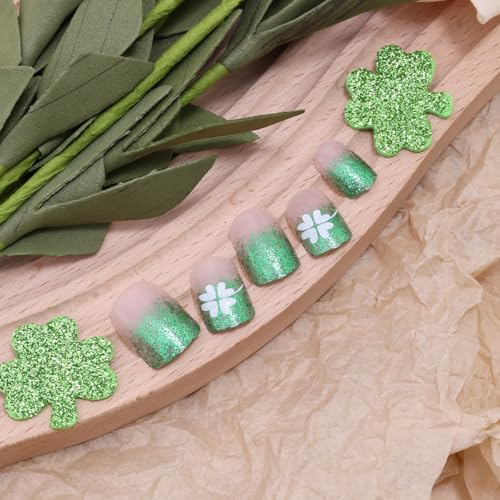 St. Patrick's Day Press On Nails Short Square Green Glitter French Tip False Nails