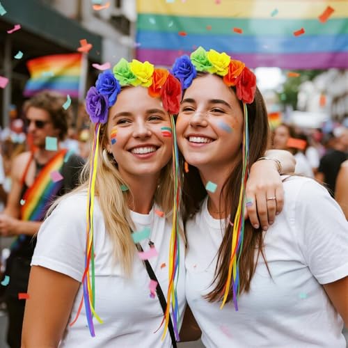 Rainbow Pride Flower Crown Headband with Ribbon Boho Festival Hair Access