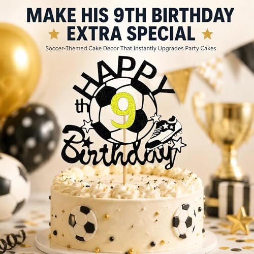 Black Glitter Soccer Happy 9th Birthday Cake Topper