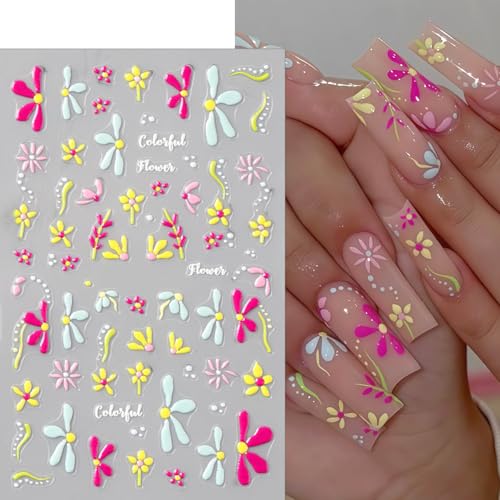 Quezadyl 5D Embossed Flower & Strawberry Nail Art Stickers - 4 Sheets Daisy Decals