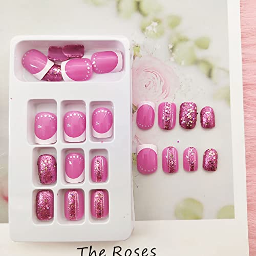 TUZANDW Rose Pink Square Press on Nails Short Glitter Sequins False Nails