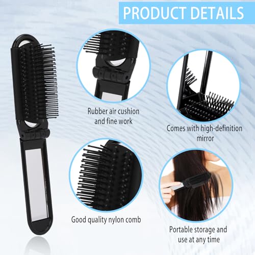 Travel Folding Hair Brush with Mirror, 2-Pack Compact Portable Comb
