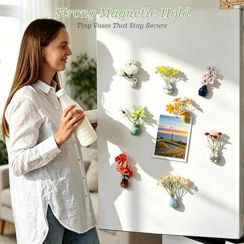 8-Piece Mini Vase Magnet Set with Artificial Flowers - Ceramic & Glass