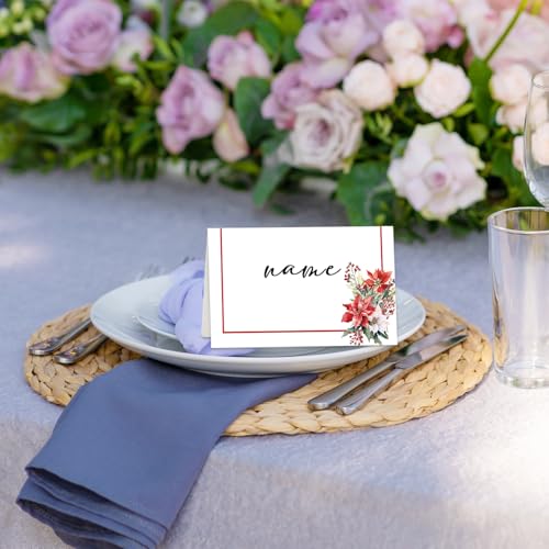 Christmas Poinsettia Place Cards for Table Setting, 25 Pack, Holiday Decor