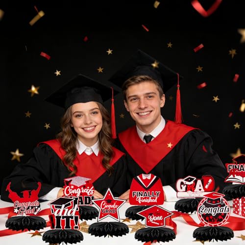 9pcs Graduation Honeycomb Centerpieces Red and Black Table Toppers