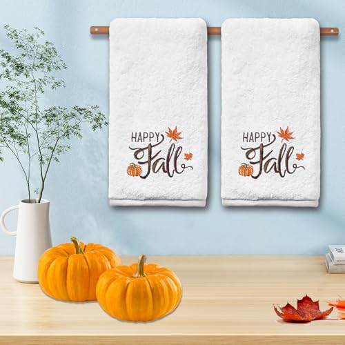 Fall Hand Towels Set of 2 - Pumpkin Embroidered Kitchen & Bath Towels, 14x30 Inches